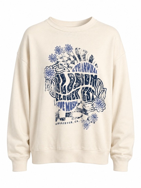 Hollister Sweaters - Hollister Oversized Cream Floral Graphic Crewneck Sweatshirt M